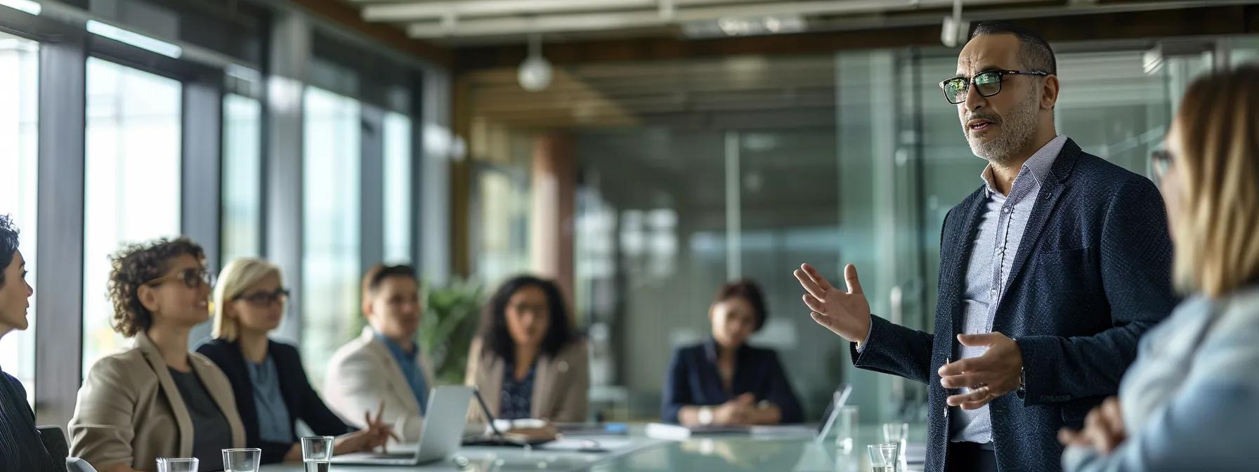 a confident leader stands in a modern office, passionately addressing a diverse team gathered around a sleek conference table, embodying the transformative values essential for cultivating a successful organizational culture change.