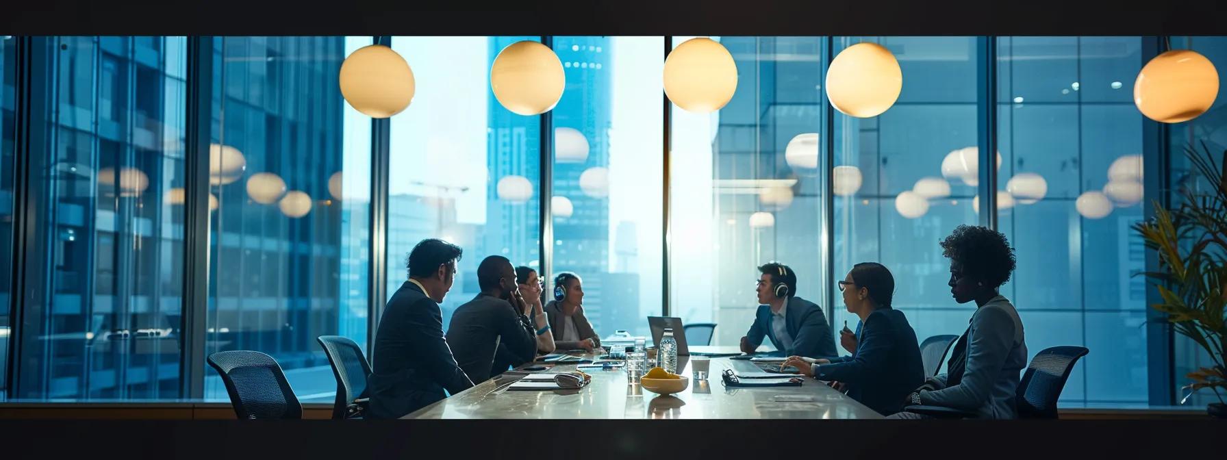 a dynamic office meeting scene captures a diverse group of professionals actively brainstorming around a sleek conference table, illuminated by overhead lighting, as they navigate the challenges of transforming their organizational culture.
