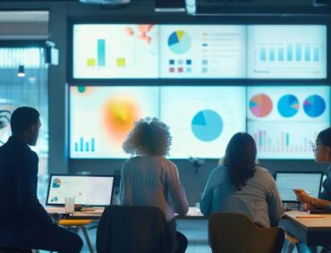 a dynamic office scene featuring diverse employees engaged in an interactive workshop, surrounded by vibrant charts and digital displays illustrating growth and training strategies, all under the glow of modern pendant lighting.