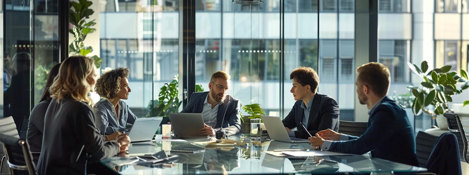 a modern office setting features a diverse group of professionals gathered around a sleek glass table, intently analyzing digital performance metrics on tablets and laptops, symbolizing the process of evaluating employee development and driving continuous improvement. a modern office setting features a diverse group of professionals gathered around a sleek glass table, intently analyzing digital performance metrics on tablets and laptops, symbolizing the process of evaluating employee development and driving continuous improvement.
