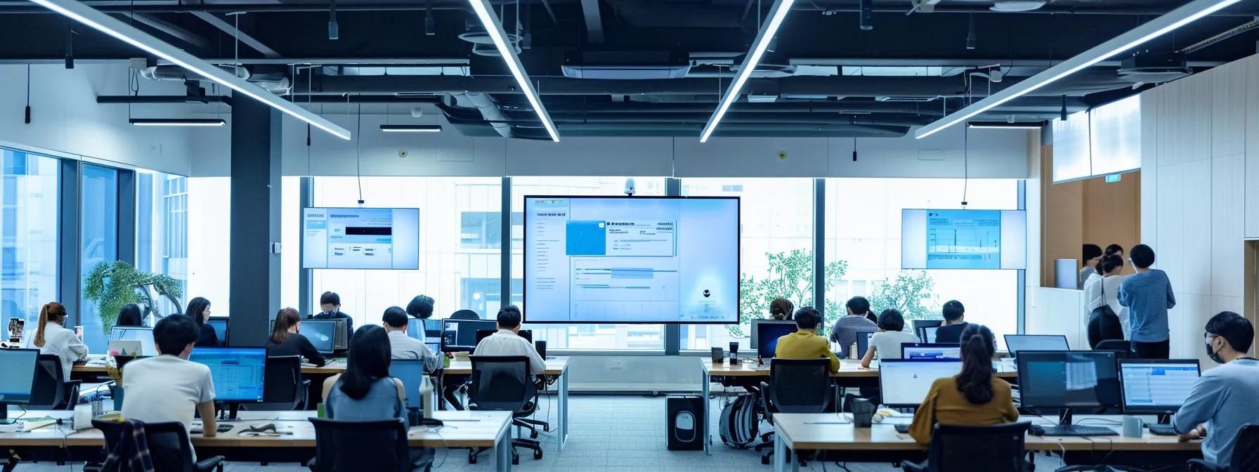 a modern office space filled with engaged employees participating in a dynamic training session, showcasing vibrant visuals on large screens and collaborative workstations, illuminated by bright, focused lighting.